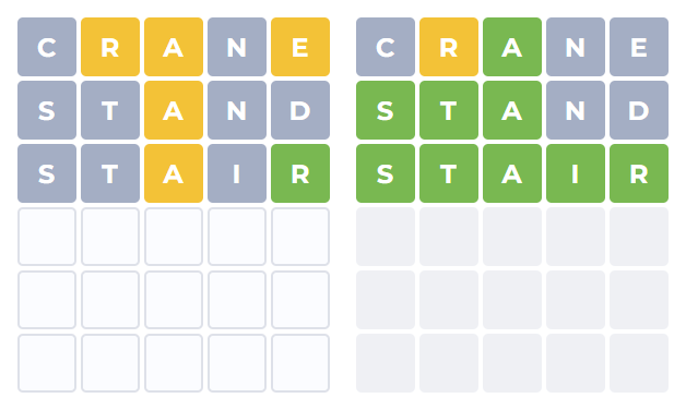 Colored tiles indicating correct letters in Duotrigordle